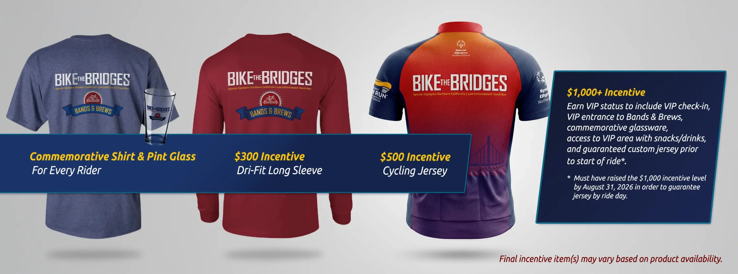 Graphic that displays a short sleeve, a long sleeve and a biking jersey that participants can earn for fundraising varying goal levels
